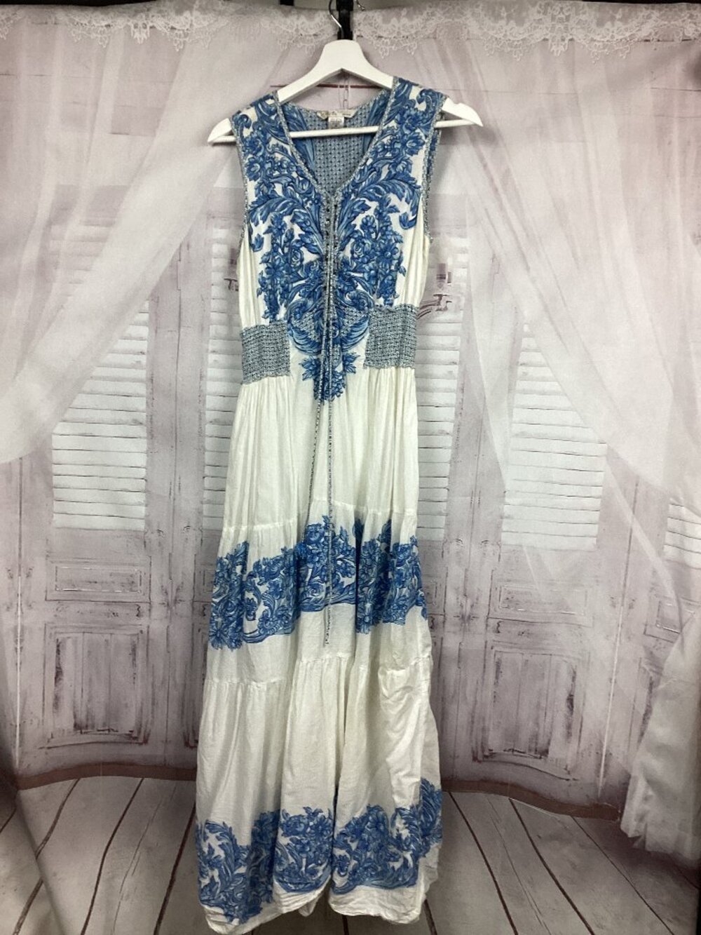 VASNA Desire Maxi Dress Blue & white Tiers Sleeveless M